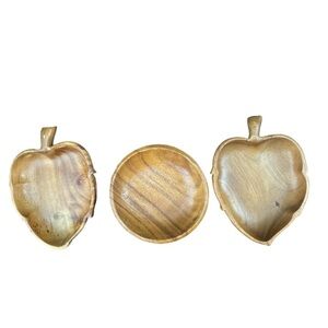 Vintage Monkey Pod BowlsSet Wood Leaf Serving Snack Tray Woodcraft Hawaii